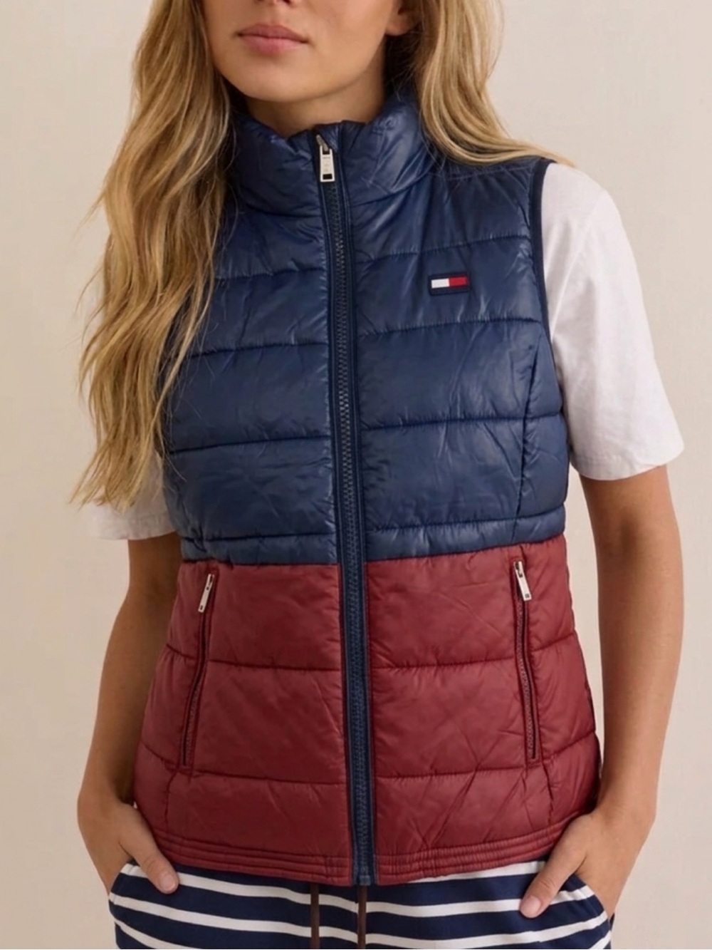 Tommy Hilfiger Sport Puffer Zip Vest Womens Size XS Color Blocked Lightweight